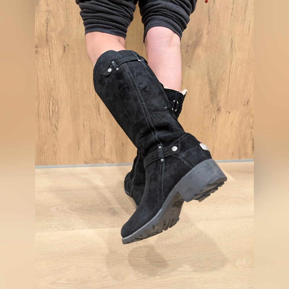 UGG Jillian Black Suede Leather Sherpa Lined Tall Riding Boots Sz 8 - Picture 3 of 10
